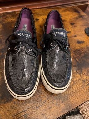 Sperry Black Sequin Boat Shoes with Cream Sole